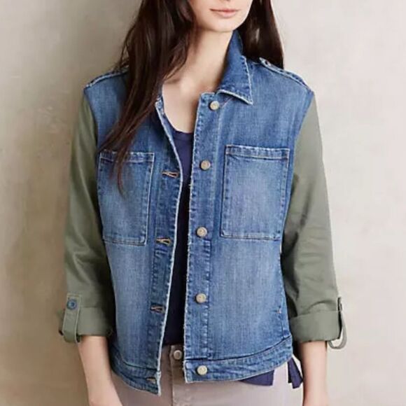 EUC Pilcro and the Letterpress Mixed Media Blue Denim & Green Twill Jacket SMALL - Picture 1 of 5